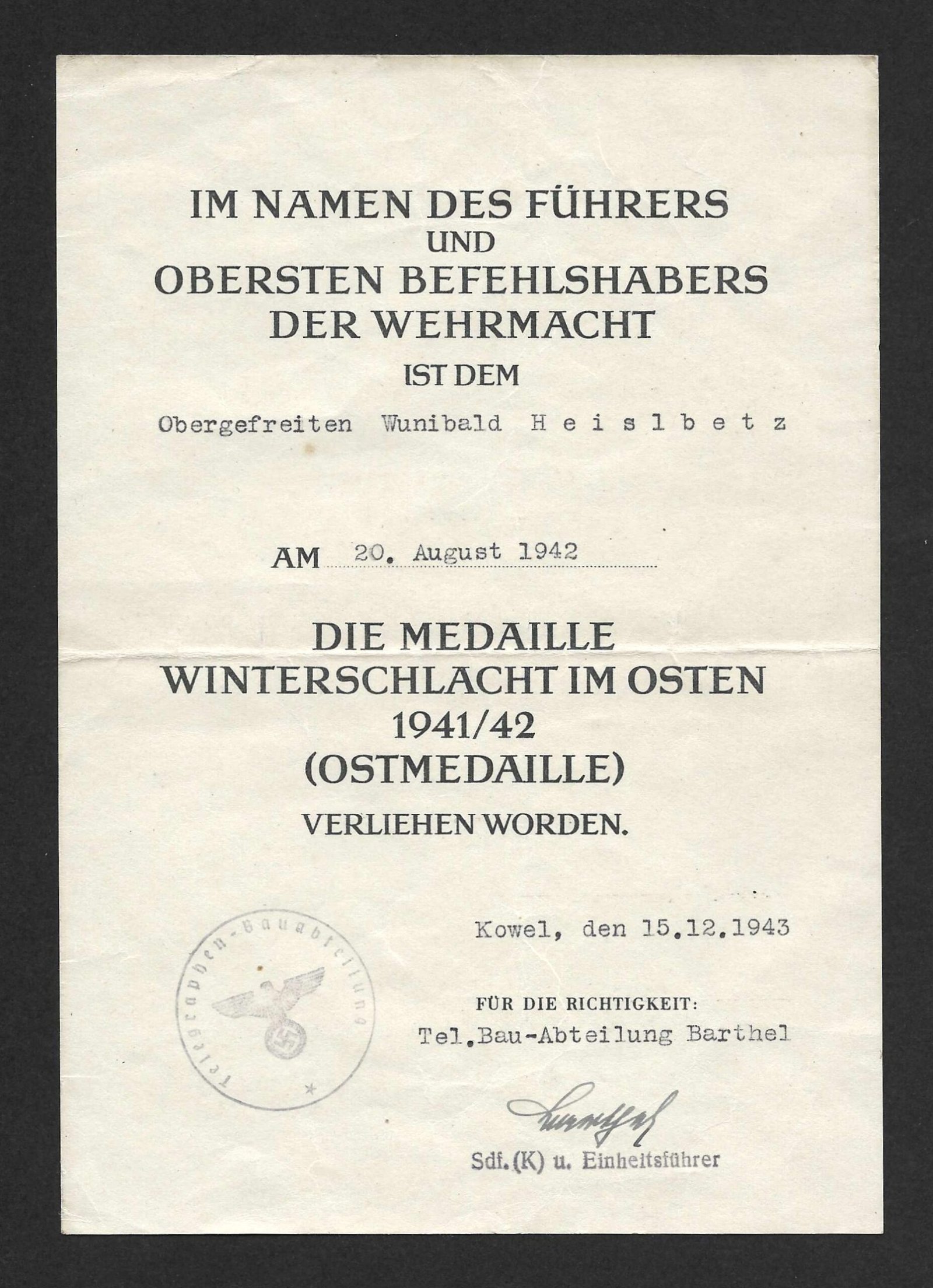 2026-10-08_133936 Ostmedaille 1941/42 Award Doc –Tel.-Bau-Abteilung Barthel - Kowel, 1943 - Image 1