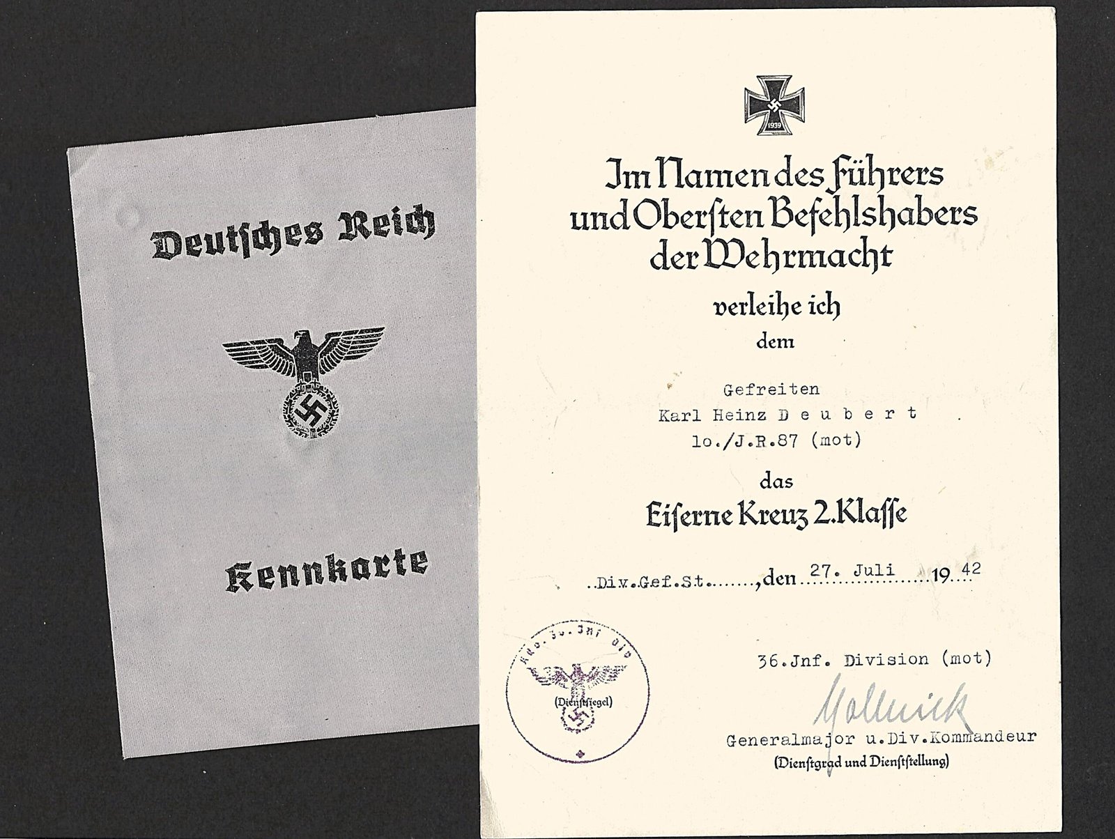 2026-10-08_134126 Eisernes Kreuz 2. Klasse Award Doc & Kennkarte - Infanterie-Regiment 87 – 36. Infanterie-Division (mot.) - Image 1