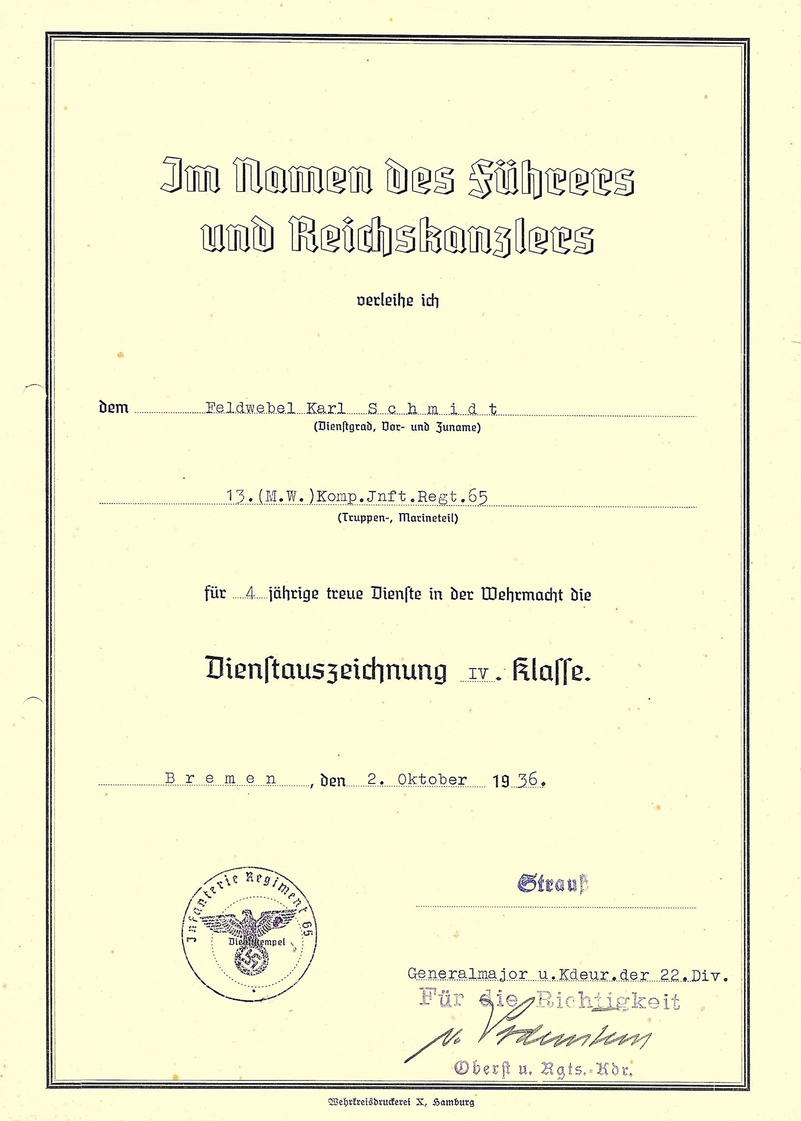 2026-10-09_120010 Dienstzeitauszeichnung IV. Klasse Award Doc – Infanterie-Regiment 65 – 22. Infanterie-Division, 1936 - Image 1