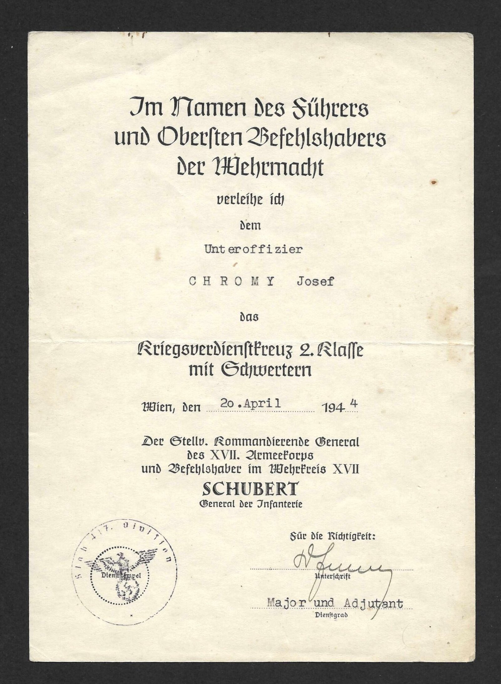 2026-10-17_100434 Kriegsverdienstkreuz 2. Klasse mit Schwertern Award Doc – XVII. Armeekorps - Wien 1944 - Image 1