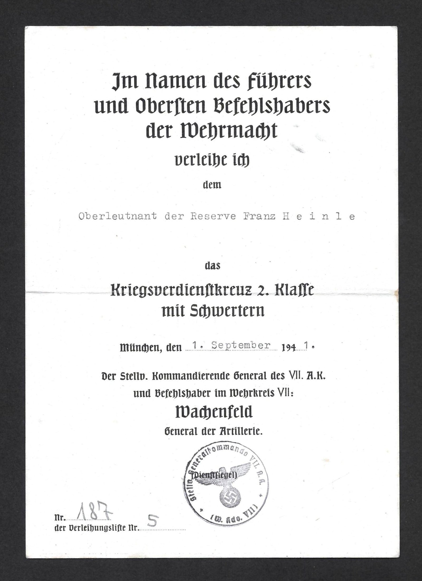 2026-10-17_103844 Kriegsverdienstkreuz 2. Klasse mit Schwertern Award Doc – Wachenfeld – München, 1941 - Image 1