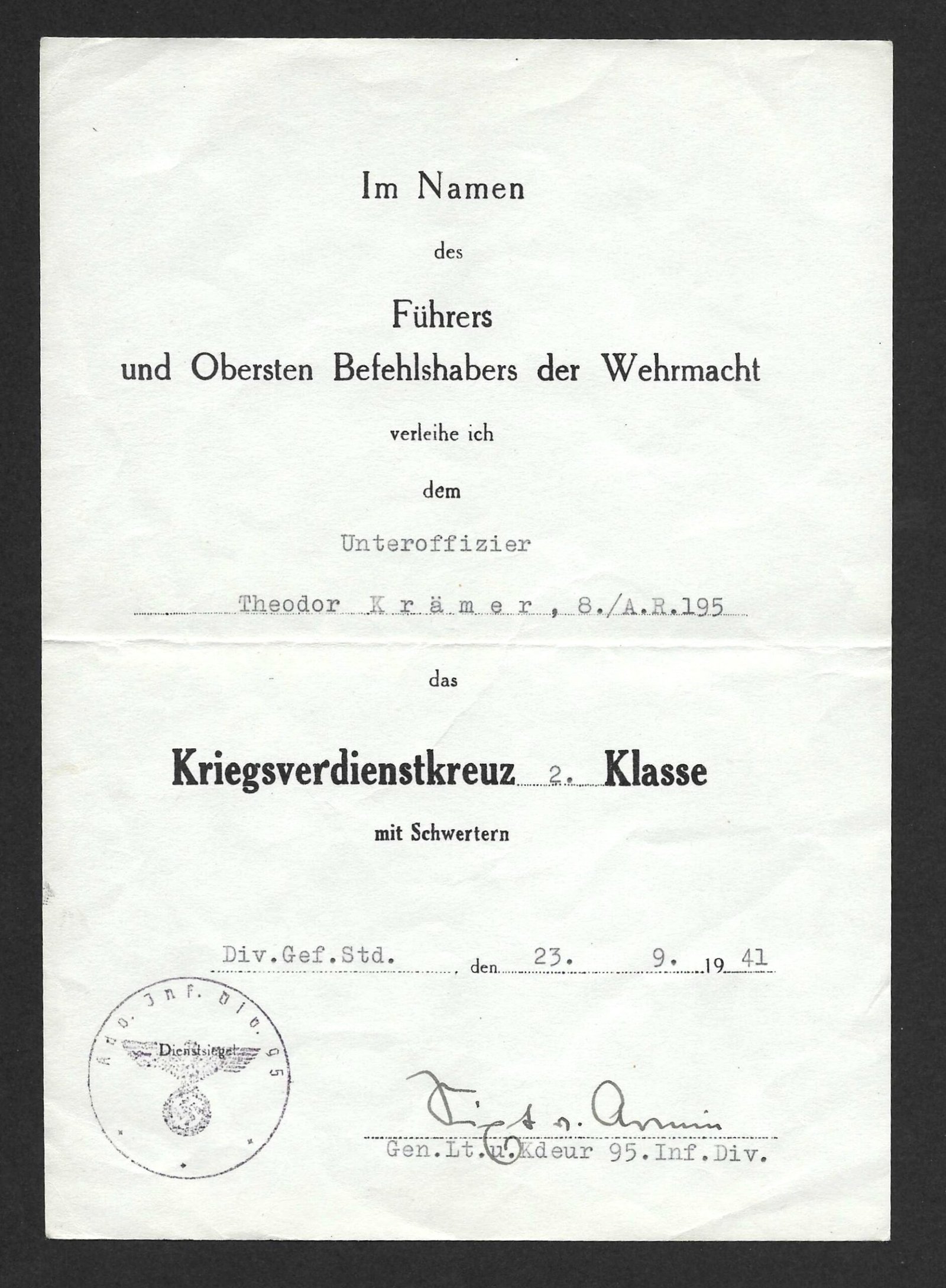 2026-10-17_111705 Kriegsverdienstkreuz 2. Klasse mit Schwertern Award Doc – Artillerie-Regiment 195 - Generalleutnant Sixt von Arnim (Stalingrad!) - Image 1
