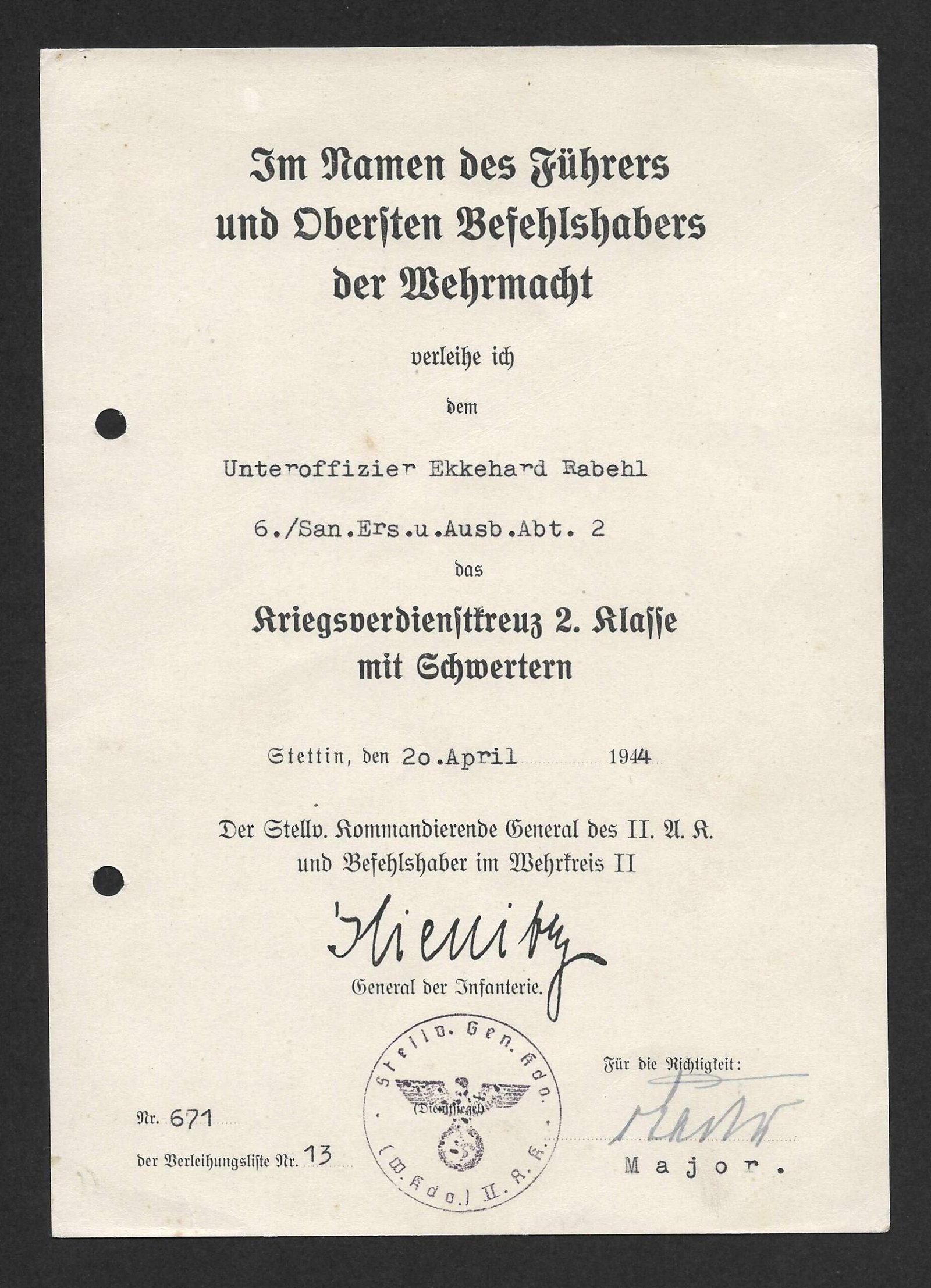 2026-10-17_125031 Kriegsverdienstkreuz 2. Klasse mit Schwertern Award Doc – Stettin, 1944 - San.Ers.u.Ausb.Abt. 2 - Wehrkreis II - Image 1