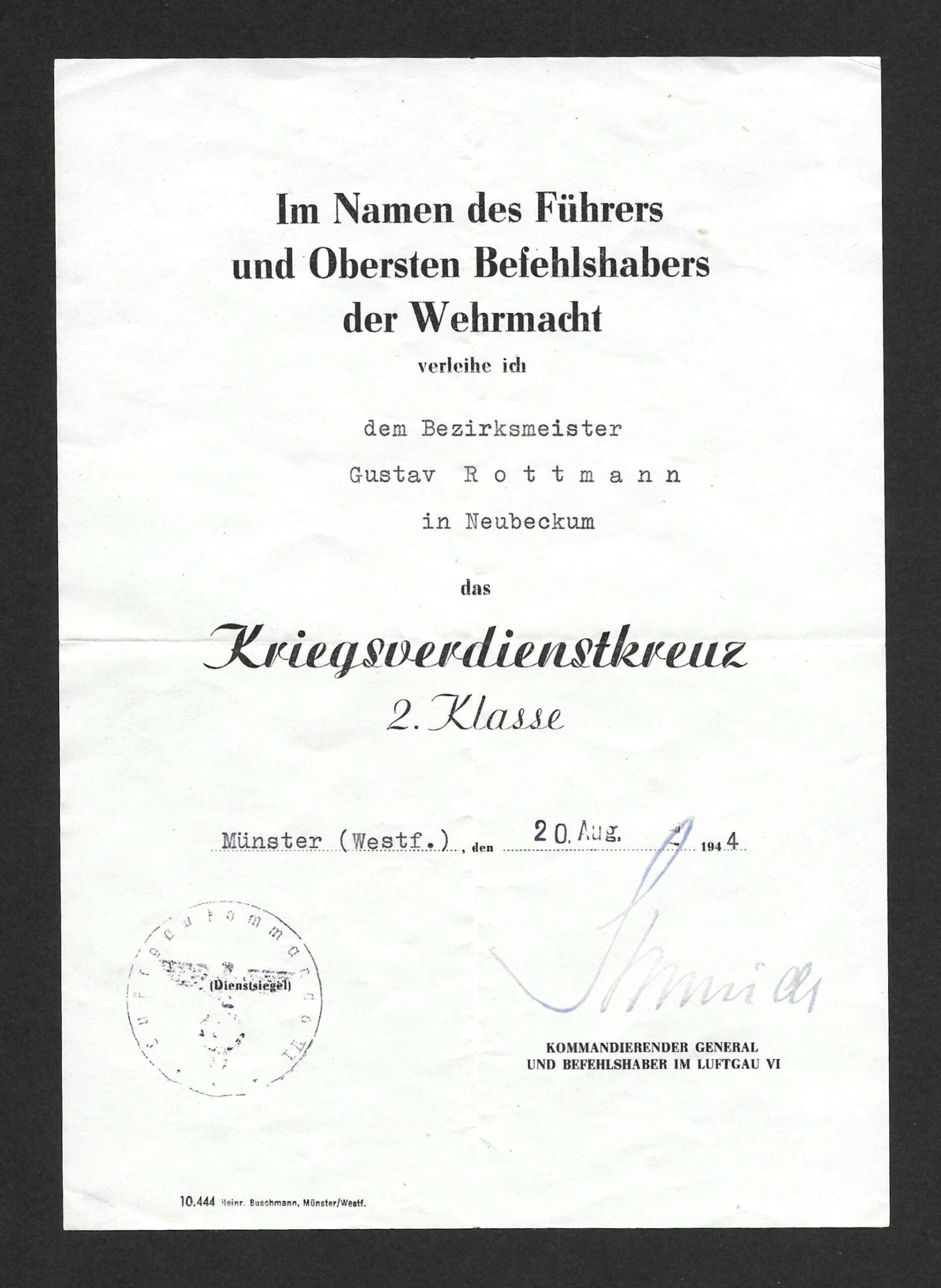2026-10-17_143621 Kriegsverdienstkreuz 2. Klasse Award Doc - Bezirksmeister - Neubeckum, Luftgau VI, 1944 - Image 1
