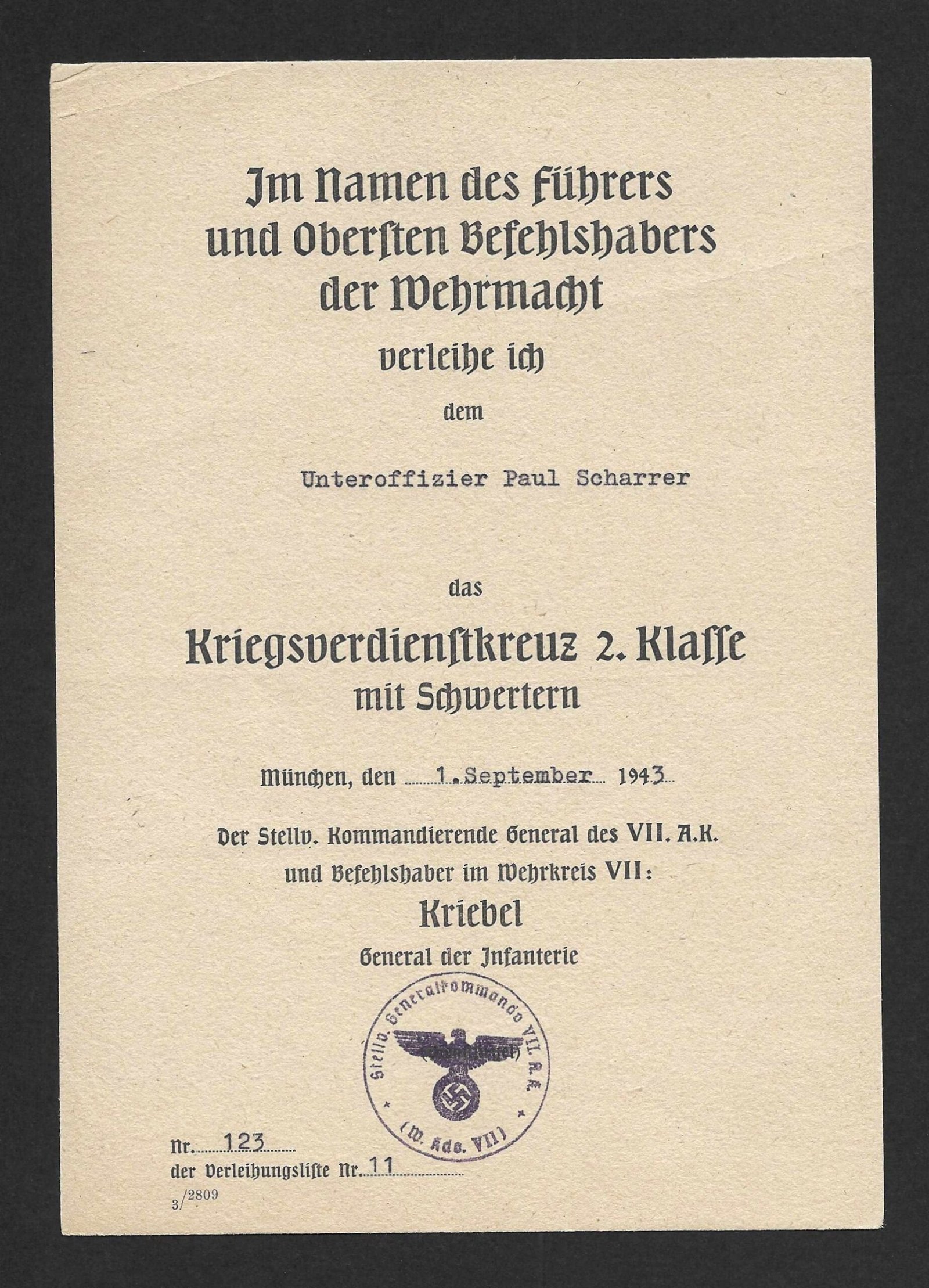 2026-10-17_150212 Kriegsverdienstkreuz 2. Klasse mit Schwertern Award Doc – München, 1943 – Karl Kriebel - Image 1