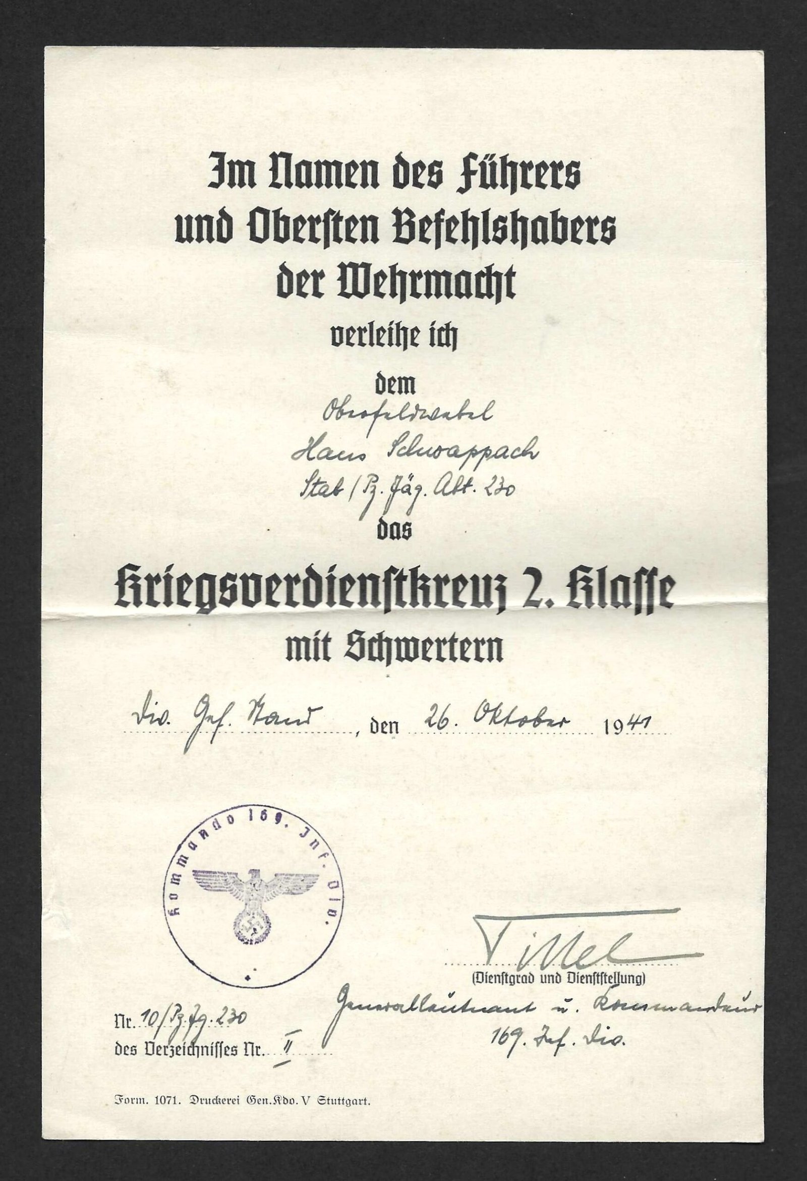2026-10-17_162840 Kriegsverdienstkreuz 2. Klasse mit Schwertern Award Doc – Panzerjäger-Abteilung 230 (169. Infanterie-Divsion) - Hermann Tittel - Image 1