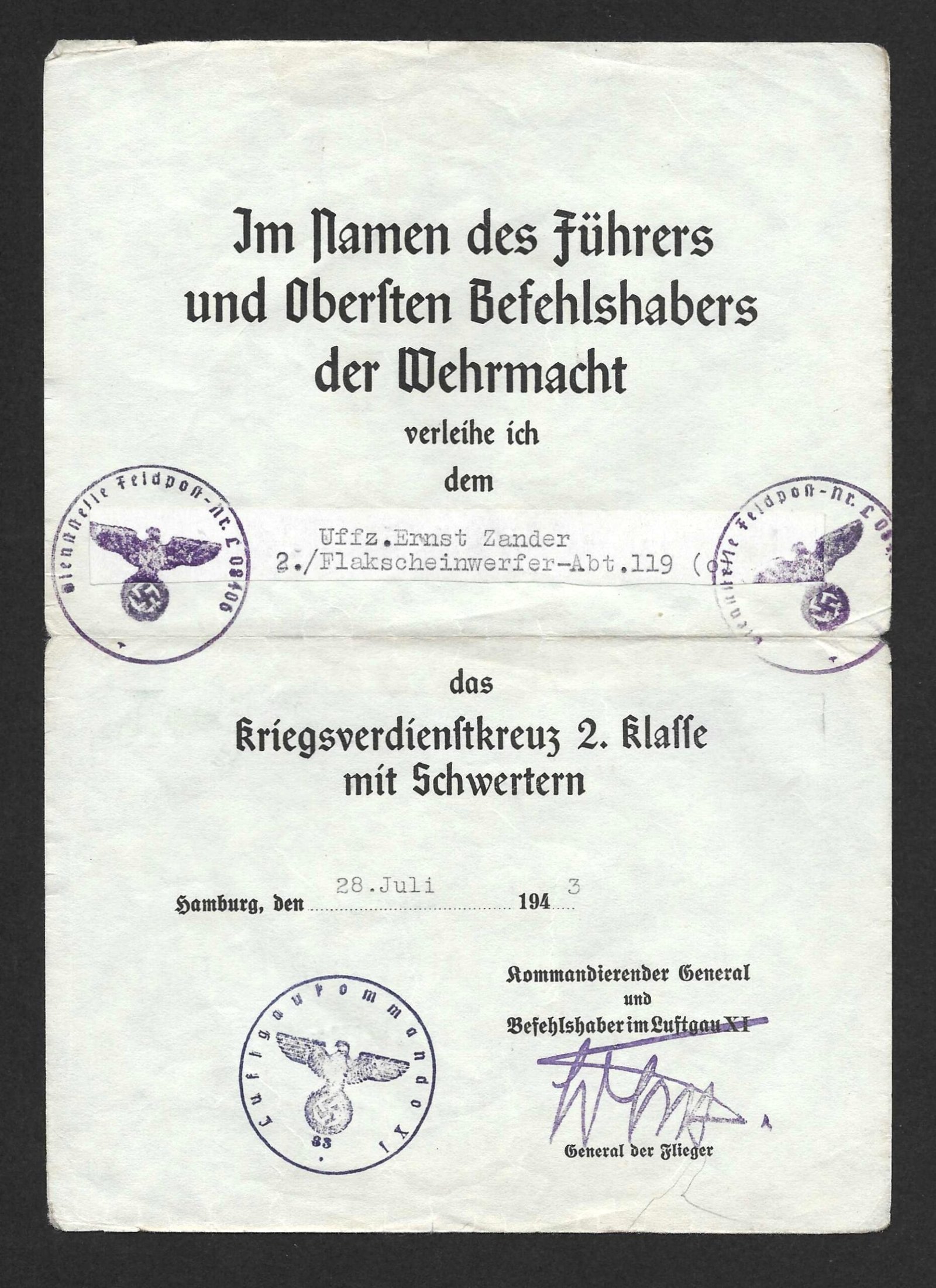2026-10-17_172627 Kriegsverdienstkreuz 2. Klasse mit Schwertern Award Doc – Flakscheinwerfer-Abteilung 119, Hamburg, 1943 - Luftgau XI - Image 1