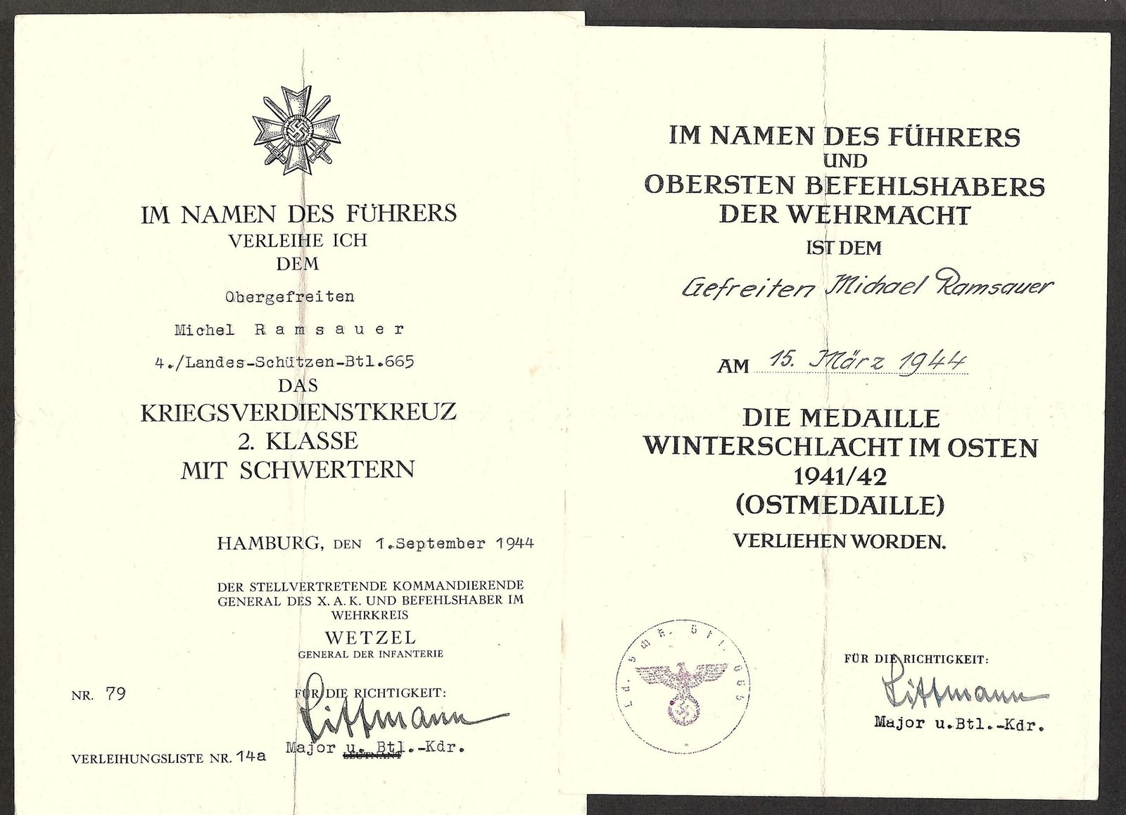 2026-10-23_100809 Kriegsverdienstkreuz 2. Klasse & Ostmedaille Award Doc - Landesschützen-Bataillon 665, Hamburg, 1944 - Image 1