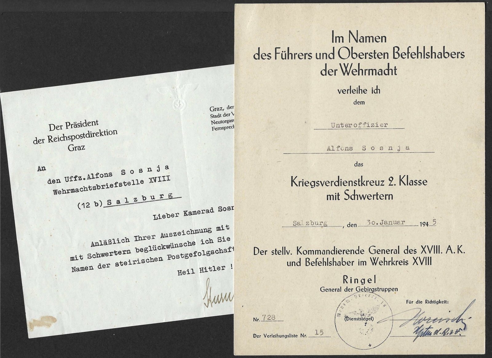 2026-10-23_101153 Kriegsverdienstkreuz 2. Klasse mit Schwertern Award Doc – Wehrmachtsbriefstelle XVIII – Salzburg, 30. Januar 1945 – Ringel - Image 1