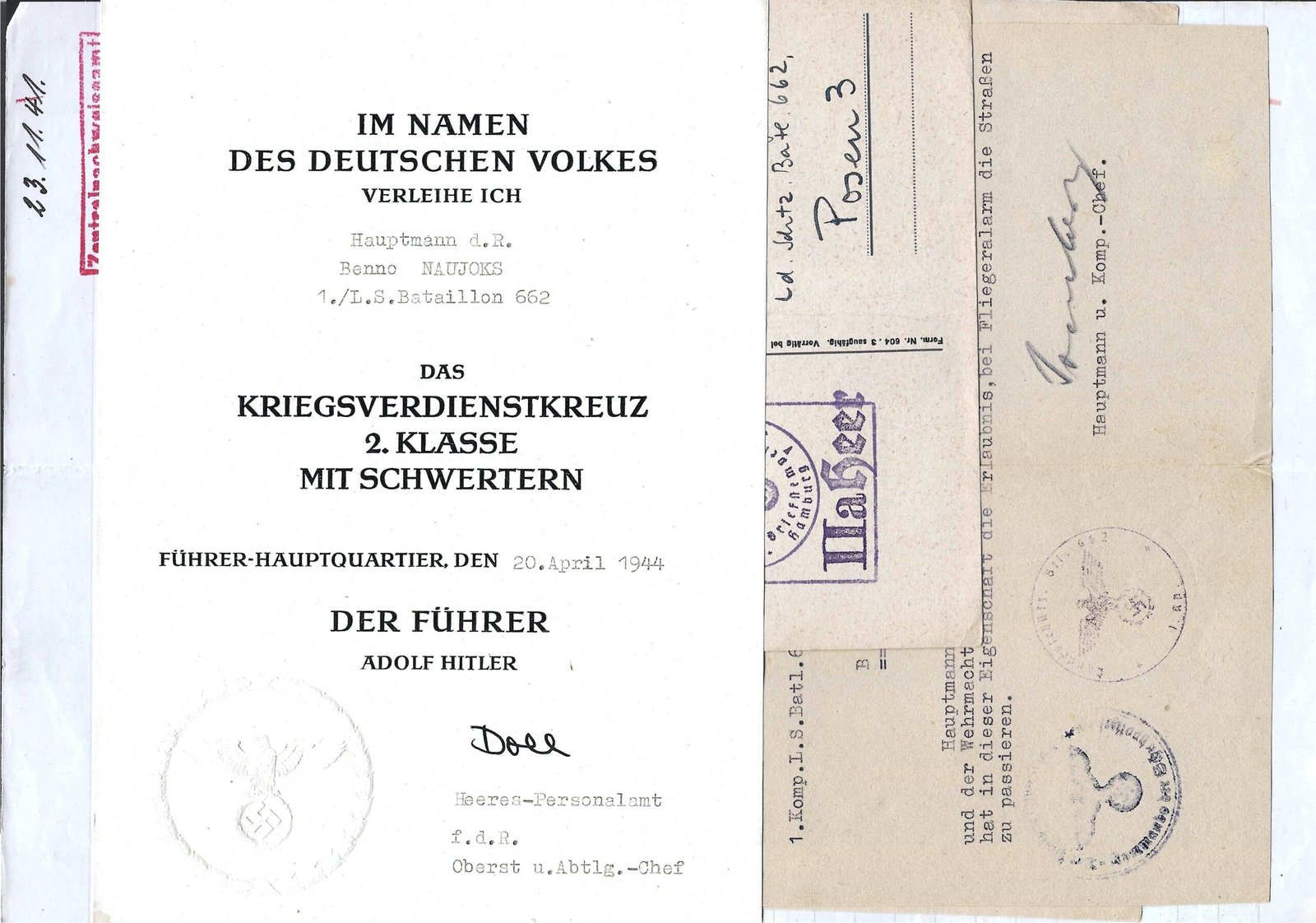 2026-10-23_101544 Kriegsverdienstkreuz 2. Klasse mit Schwertern Award Doc - Hauptmann, Landesschützen-Bataillon 662 - Fort von Prittwitz - Image 1