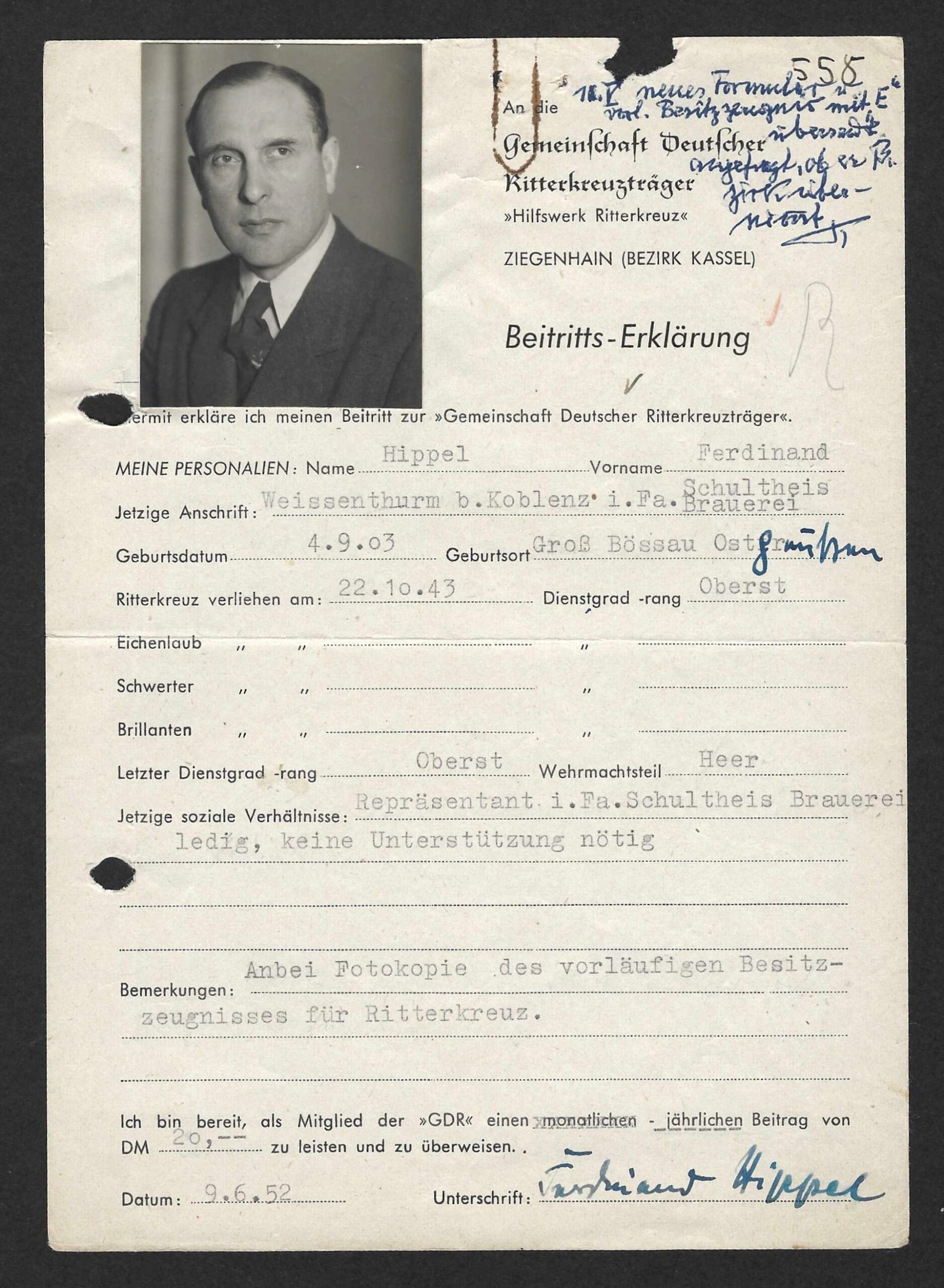 2026-10-26_105105 Membership Application GDR (OdR) - Ferdinand Hippel - Grenadier-Regiment 253 - Image 1