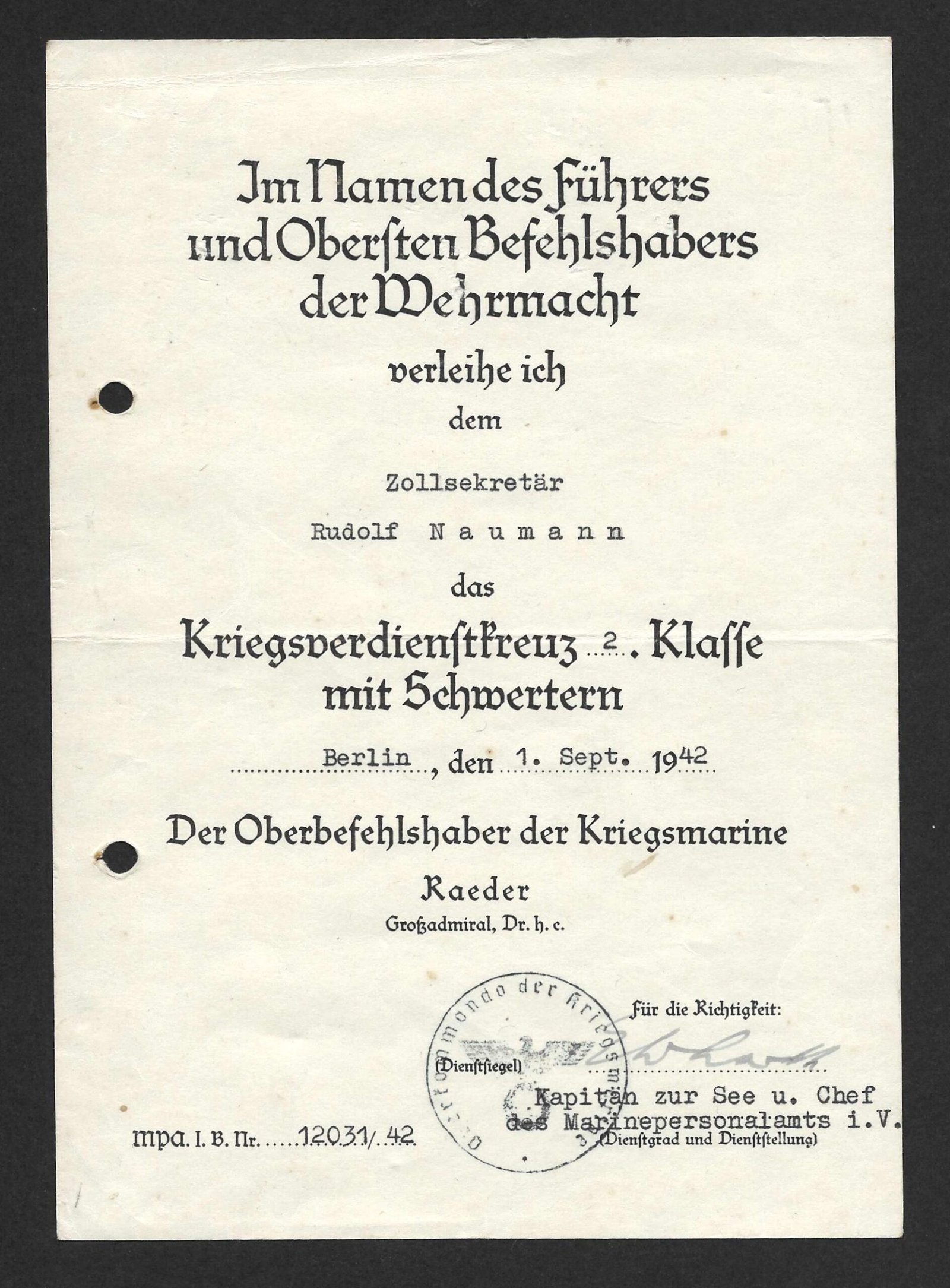 2026-10-29_090130 Kriegsverdienstkreuz 2. Klasse mit Schwertern Award Doc – Zollsekretär - Kriegsmarine, Berlin, 1942 - Image 1