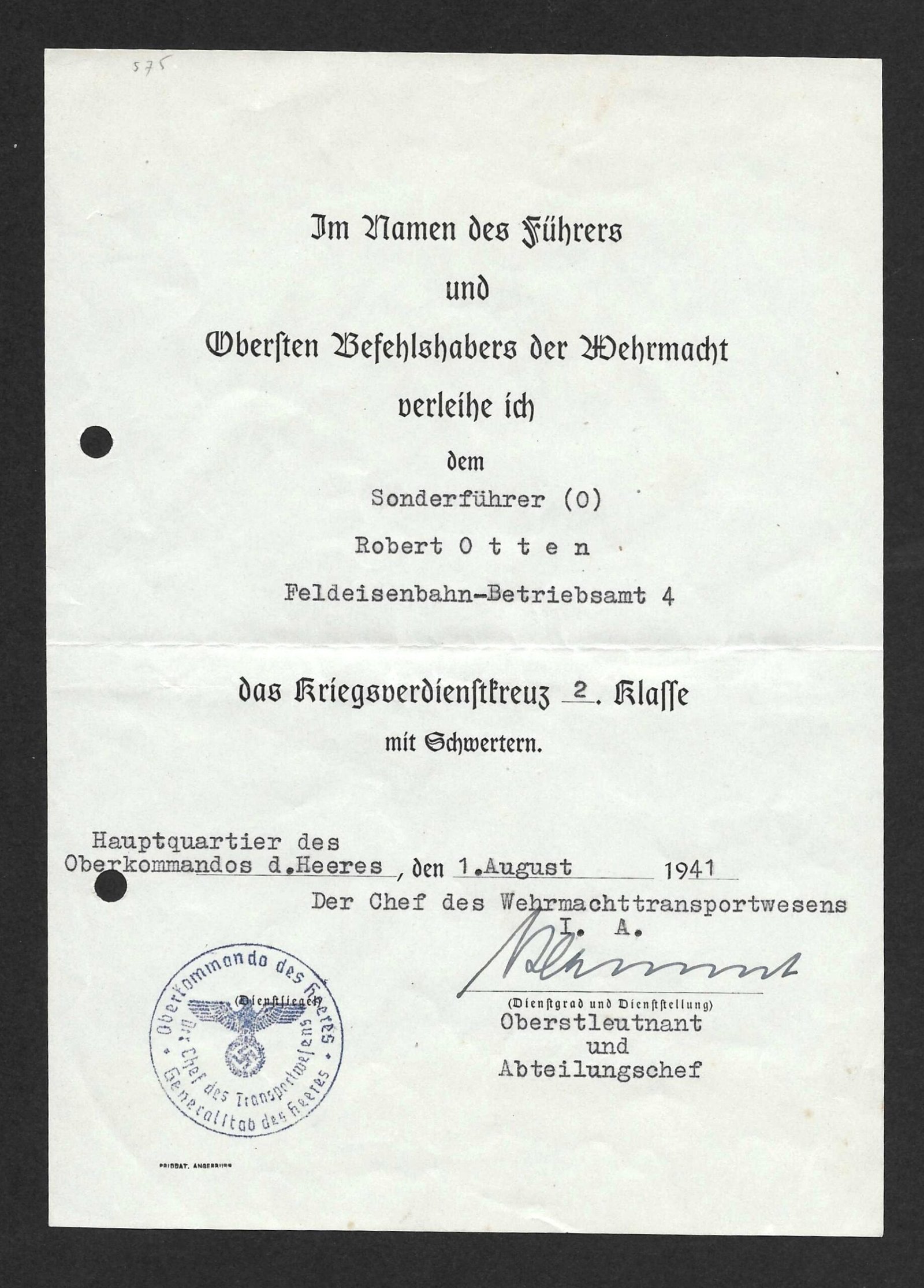 2026-10-29_090502 Kriegsverdienstkreuz 2. Klasse mit Schwertern Award Doc – Sonderführer (O) - Feldeisenbahn-Betriebsamt 4, 1941 - Image 1