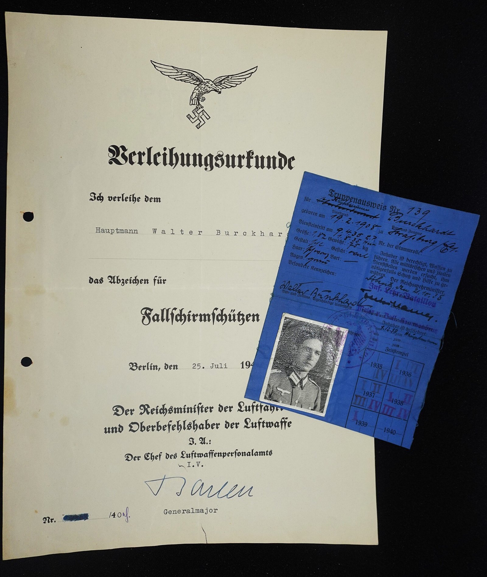 DSC02534 Paratrooper Badge Award Doc & Truppenausweis – Hauptmann Walter Burckhardt – FJR 1 – Kampfgruppe Burckhardt – North Africa - Image 1