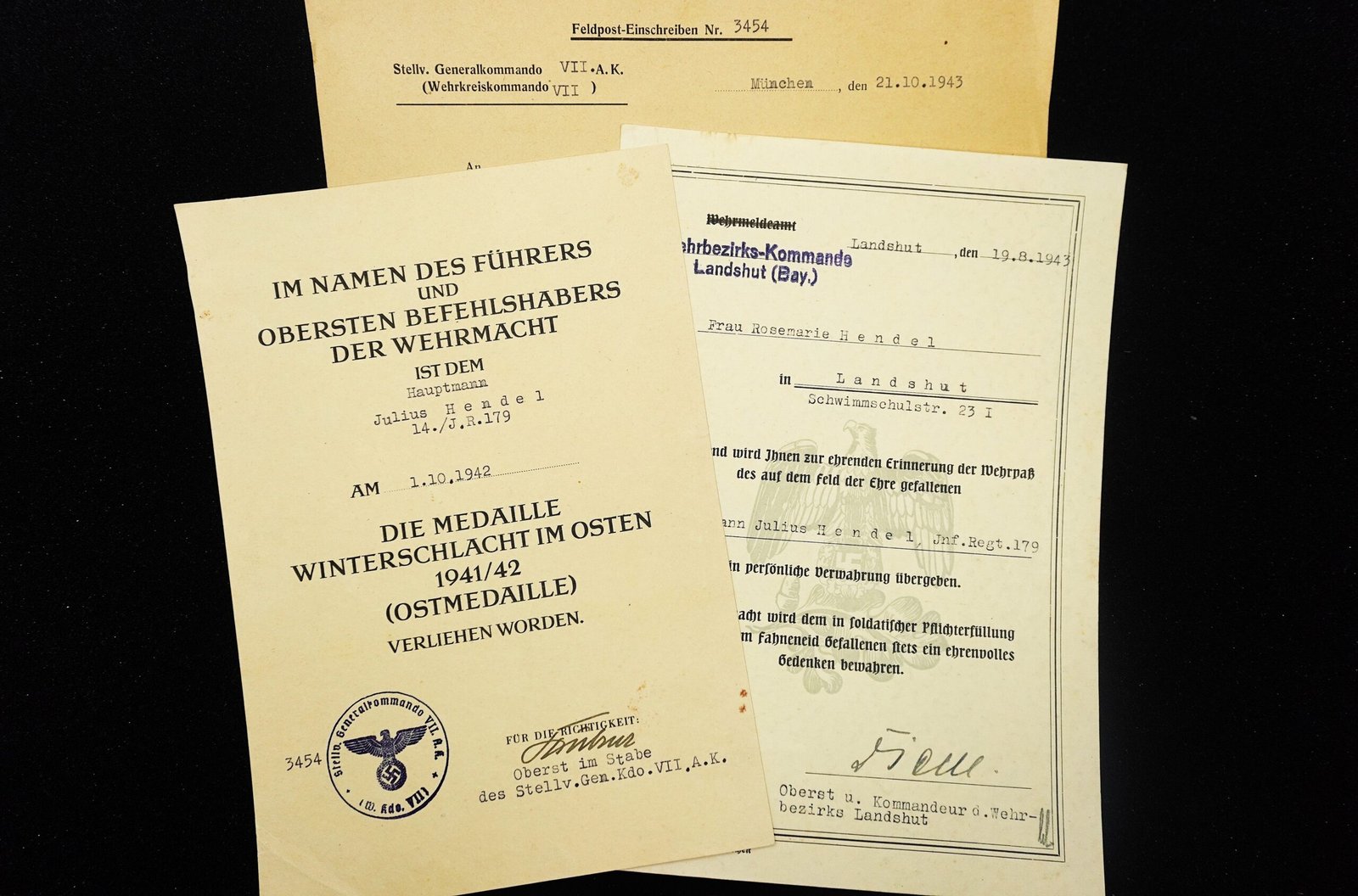 DSC02621 Posthumous Ostmedaille Award Doc – Hauptmann - Infanterie-Regiment 179, KIA 1942 - Image 1