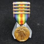 US World War I Victory Medal with Four Battle Clasps – Aisne-Marne, Ypres-Lys, Meuse-Argonne, Defensive Sector