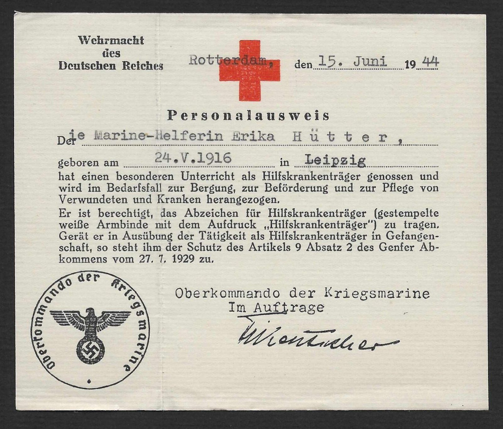 Document_2026-10-26_11443 Personalausweis Marine-Helferin - Hilfskrankenträgerin, Rotterdam - 1944 - Image 1