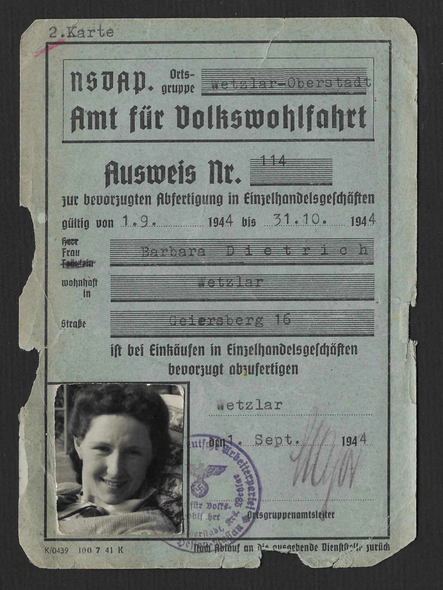 Document_2026-10-26_114432 NSDAP-Ausweis – Amt für Volkswohlfahrt, Ortsgruppe Wetzlar - Image 1